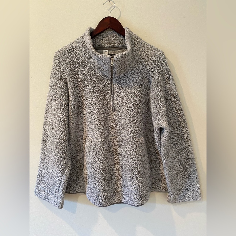 Old Navy Sherpa 1/2 Zip Pullover Sweater XL Gray Kangaroo Pocket Mock Neck Drop
